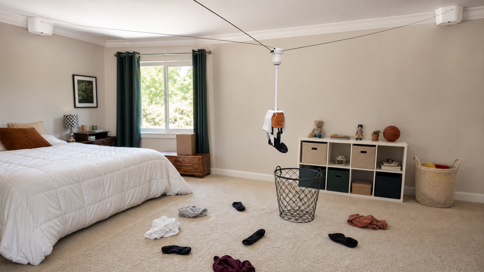 AI-generated editorial illustration of a ceiling-mounted Stringman-style home robot moving small clutter into bins