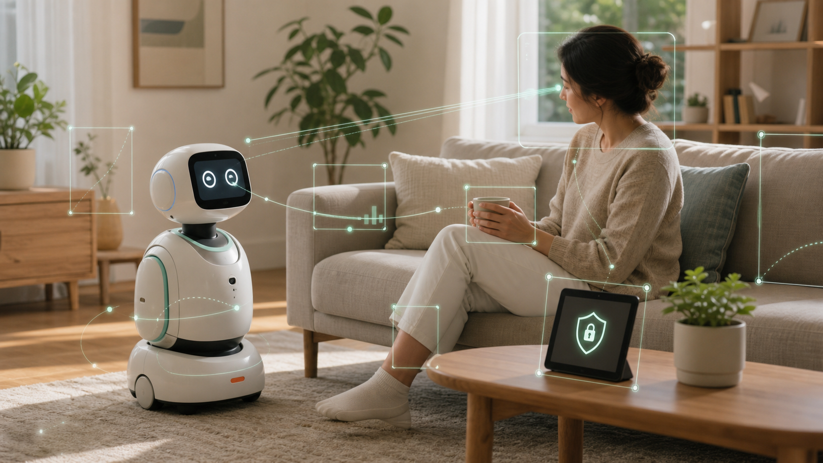 AI-generated editorial illustration of a home companion robot interpreting visible social cues in a living room