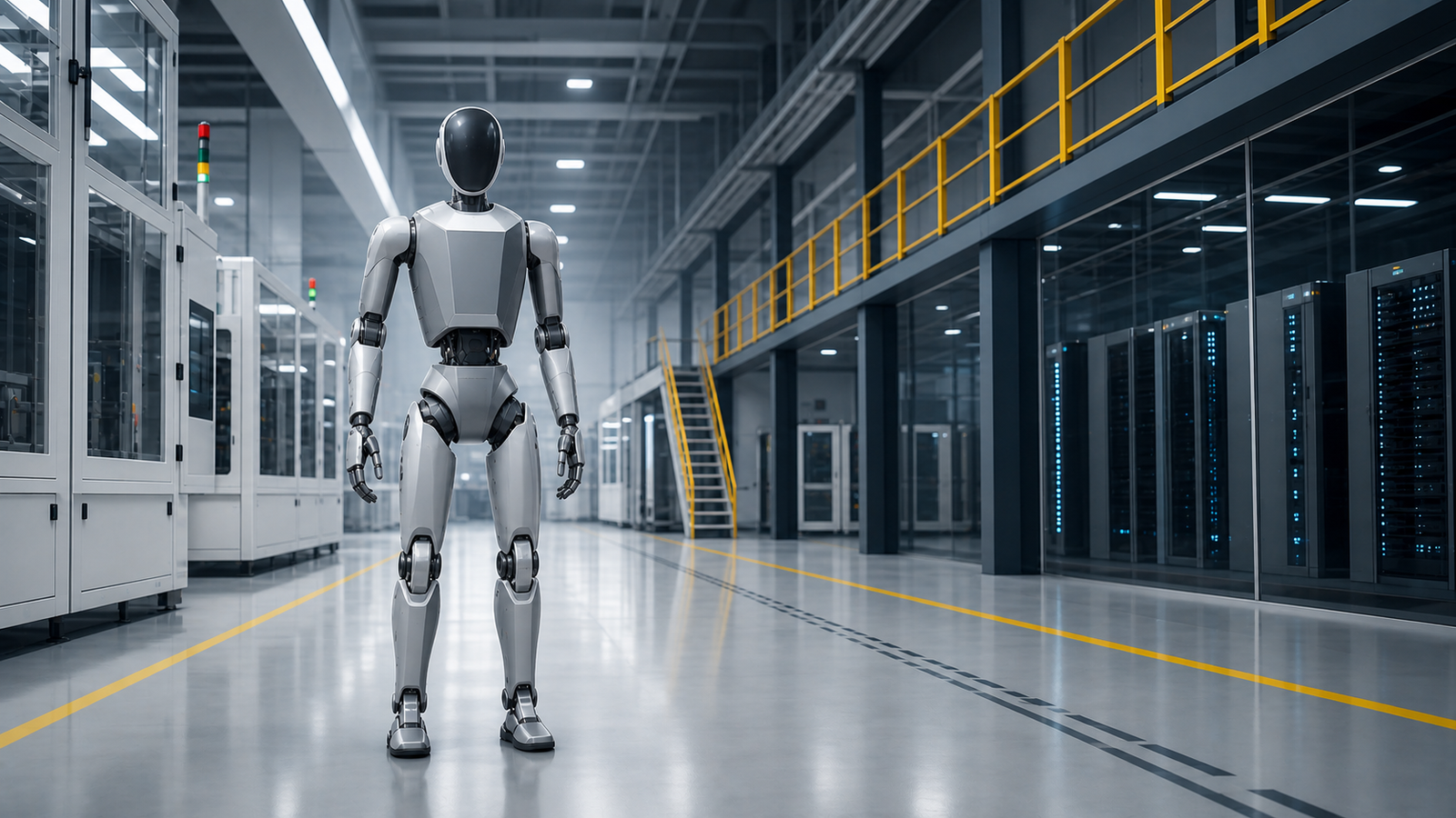 AI-generated editorial illustration of South Korea physical AI humanoid robot infrastructure